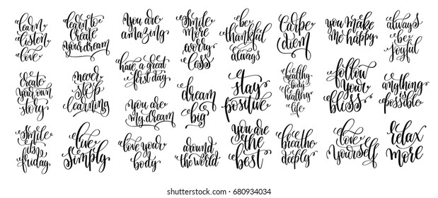 set of 25 hand lettering positive phrases, black and white inspirational quote, calligraphy vector illustration poster collection 