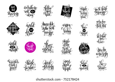 set of 25 hand lettering positive quotes, motivation and inspiration phrases, calligraphy vector illustration collection
