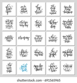 set of 25 hand lettering wedding invitation and romantic valentine quotes, love and marriage photo overlays and greeting card, calligraphy vector illustration collection