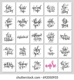 set of 25 hand lettering wedding invitation and romantic valentine quotes, love and marriage photo overlays and greeting card, calligraphy vector illustration collection