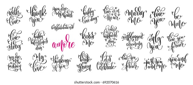 set of 25 hand lettering wedding invitation and romantic valentine quotes, love and marriage photo overlays and greeting card, calligraphy vector illustration collection