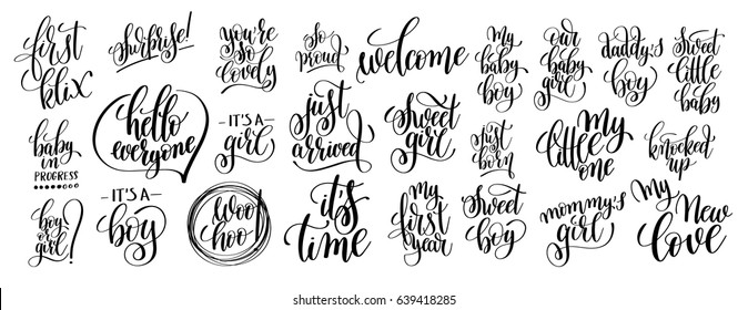 set of 25 hand written lettering to pregnancy and little baby born photography family overlay for postcard, poster and photo album element, calligraphy vector illustration collection