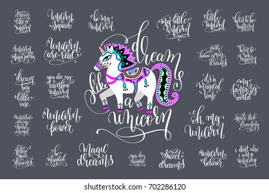 set of 25 hand written lettering inscription about unicorn magical quotes to greeting card, poster, t-shirt, mug, calligraphy vector illustration collection