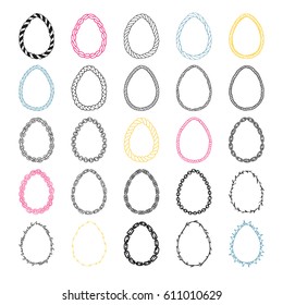 Set of 25 handdrawn doodle eggs. Vector scalable ovals isolated on white background. Ink painted wreaths - Design elements for Easter decoration