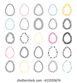 Set of 25 handdrawn doodle eggs. Vector scalable ovals isolated on white background. Ink painted wreaths - Design elements for Easter decoration