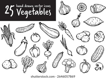 Conjunto de 25 ícones de vetor vegetal desenhados à mão em preto e branco. Inclui tomates, cenouras, milho, cebolas, cogumelos, pimentos e muito mais. Perfeito para alimentos, receita e projetos de design orgânico