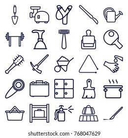 Set of 25 handle outline icons such as luggage belt, stamp, luggage storage, razor, plunger, brush, construction, sligshot, pan, barbell, trowel, watering can, spray bottle