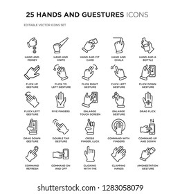 Set of 25 HANDS AND GUESTURES linear icons such as Hand and Money, Knife, Cit Card, Chalk, vector illustration of trendy icon pack. Line icons with thin line stroke.