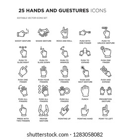 Set of 25 HANDS AND GUESTURES linear icons such as Shoot gesture, Shake Rock and roll, Push with one finger to slide, vector illustration of trendy icon pack. Line icons with thin line stroke.