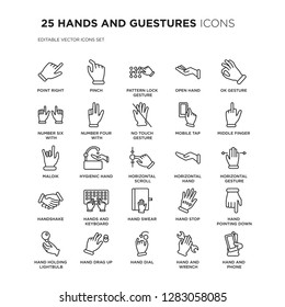 Set of 25 HANDS AND GUESTURES linear icons such as Point Right, Pinch, Pattern lock gesture, Open hand, Ok gesture, vector illustration of trendy icon pack. Line icons with thin line stroke.