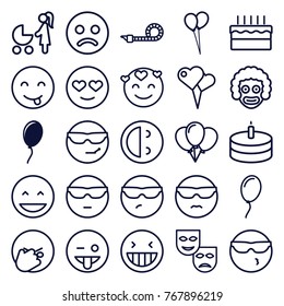 Set of 25 happiness outline icons such as balloon, sad smiley, laughing emot, cool emot in sunglasses, emoji showing tongue, mask, clown, woman with baby carriage