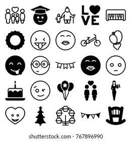 Set of 25 happy filled and outline icons such as baby bed, cake with one candle, casino girl, sun, emot showing tongue, kiss emot, graduate emoji, women couple, love word
