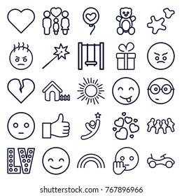 Set of 25 happy outline icons such as teddy bear, bike, house, present, vegas, heart, smiling emot, sad emot, nerd emoji, sparklers, broken heart, children, sun, family