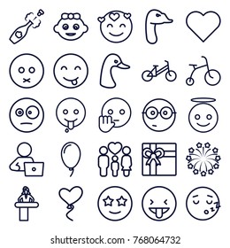 Set of 25 happy outline icons such as airport desk, goose, baby girl, child bicycle, gift, man with laptop, heart, sad emot, emoji angel, emot showing tongue, nerd emoji