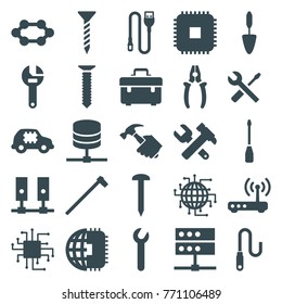 Set of 25 hardware filled icons such as nail, toolbox, screw, wrench, hummer and wrench, wrench and screwdriver, trowel, garden hammer, cpu, cpu in car, cpu planet, server