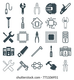 Set of 25 hardware filled and outline icons such as saw, screw, wrench, screwdriver, chain saw, cpu planet, server, chip, hammer, cpu, garden hammer, wire, pliers, hummer