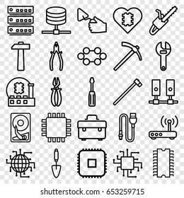 Set of 25 hardware outline icons such as toolbox, wrench, screwdriver