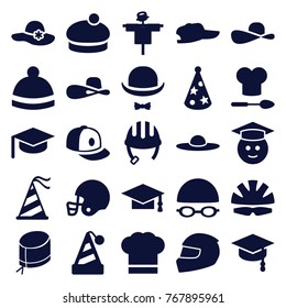 Set of 25 hat filled icons such as scarecrow, helmet, woman hat, baseball cap, graduation cap, graduate emoji, american football helmet