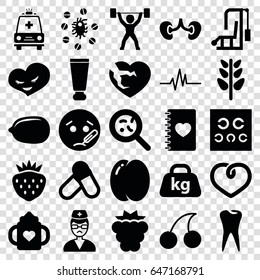 Set of 25 health filled icons such as peach, mulberry, baby bottle, cream tube, cherry, lemon, sick emot, strawberry, bacteria, tooth, kidney, plant, weight