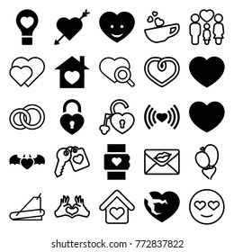 Set of 25 heart filled and outline icons such as heart with arrow, heart rate watch, emot in love, engagement ring, treadmill, family, love letter