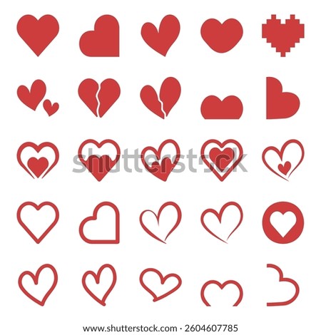 Set of 25 Heart Icons - Assorted Heart Icons, classic, Broken, Pixelated, Outlined, Drawn, Double, Half and More. Vector of Red Monochromatic Icons.