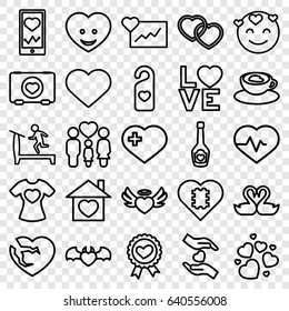 set of 25 heart outline icons such as treadmill, heart with cross, heartbeat, family, love word, emot in love