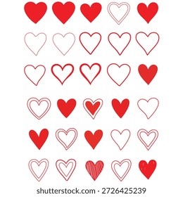 Um conjunto de 25 formas de coração em vermelho e branco, apresentando estilos sólidos, contornados e alinhados em um fundo branco puro