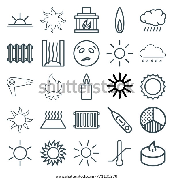 Set of 25 heat\
outline icons such as sun, sweating emot, sun rise, thermometer,\
candle, brightness, fireplace, flame, radiator, heating system in\
car, heating system