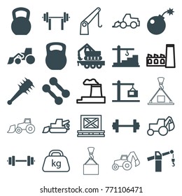Set of 25 heavy filled and outline icons such as excavator, barbell, dumbbell, kettle bell, cargo crane, construction  crane, bomb, mace, cargo on palette, weight