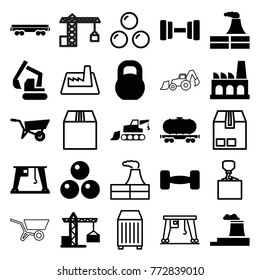 Set of 25 heavy filled and outline icons such as wheel barrow, construction crane, factory, excavator, barbell, cargo wagon, cargo crane