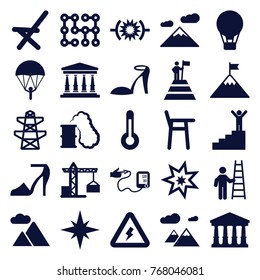 Set of 25 high filled icons such as construction crane, court, heel sandals, pylon, parachute, air balloon, mountain, baby chair, outdoor chair, pressure, blood pressure