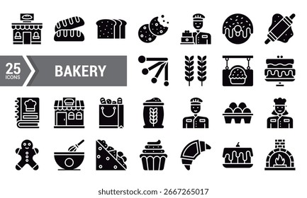 Eine Reihe von 25 qualitativ hochwertigen Backwaren-Symbolen. Perfekt für das Branding. Websites. Apps. und mehr.
