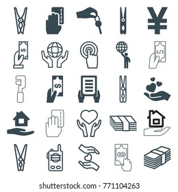 Set of 25 hold filled and outline icons such as cloth pin, home care, holding document, yuan, hand holding heart, hand with key, payment, money, heart on hand, touchscreen