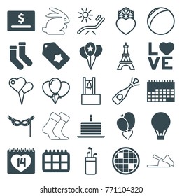 Set of 25 holiday filled and outline icons such as socks, dollar card, calendar, 14 date, love word, heart baloons, mask, balloon, air balloon, eiffel tower, sunbed