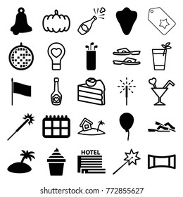 Set of 25 holiday filled and outline icons such as animal fang, baloon, sparklers, bell, ice cream in can, calendar, sparkler, disco ball, panorama mode, hotel, island, flag