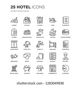 Set of 25 Hotel linear icons such as Dinner, Dim sum, Cutlery, Crab, Cookbook, Cheese burger, Wine menu, Bellboy, Bathtub, vector illustration of trendy icon pack. Line icons with thin line stroke.