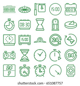 set of 25 hour outline icons such as alarm, hourglass, 24 support, wall clock, sundial, wrist watch with sun, 24 7 hour, clock, pendulum