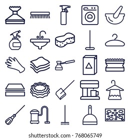 Set of 25 household outline icons such as spray bottle, hanger, gloves, mop, dustpan, broom, sponge, window squeegee, washing machine, vacuum cleaner, clean brush, sink