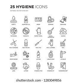 Set Of 25 Hygiene Linear Icons Such As Purity, Pump Bottle, Primp, Powder, Pedicure, Napkin, Nail, Lip Balm, Lather, Vector Illustration Of Trendy Icon Pack. Line Icons With Thin Line Stroke.