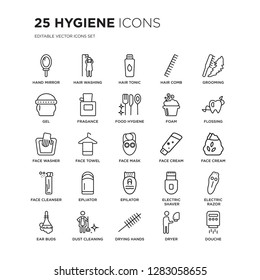 Set of 25 Hygiene linear icons such as Hand mirror, Hair washing, hair tonic, comb, grooming, flossing, face cream, vector illustration of trendy icon pack. Line icons with thin line stroke.