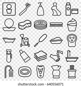 set of 25 hygiene outline icons such as man wc, shower, baby bath, electric razor, powder, soap, cream, cream tube, toothbrush, brush, cleaning tools