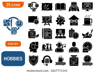 A set of 25 icons representing various hobbies and interests. Ideal for use in web design, apps, presentations, and other creative projects.