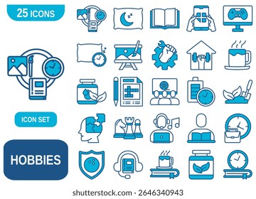 Um conjunto de 25 ícones representando vários hobbies e interesses. Ideal para uso em web design, aplicativos, apresentações e outros projetos criativos.