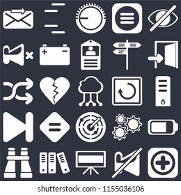 Set Of 25 icons such as Add, Muted, Television, Archive, Binoculars, Exit, Restart, Radar, Next, Mute, Volume control, Lines on black background, web UI editable icon pack
