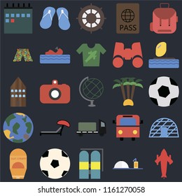 Set Of 25 icons such as Airplane, Room service, Aqualung, Ball, Sun protection, Parasailing, Palm tree, Trailer, Globe, Swimsuit, Helm, Flip flops on black background, web UI editable icon pack