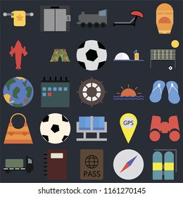 Set Of 25 icons such as Aqualung, Compass, Passport, Notebook, Trailer, Beach volleyball, Sunset, Waiting room, Bag, Airplane, Railway, Elevator on black background, web UI editable icon pack