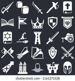 Set Of 25 icons such as Armour, Castle, Coif, Tower, Lance, Standard, Sword, Crossbow, Axes, Bridge, Beer on black background, web UI editable icon pack