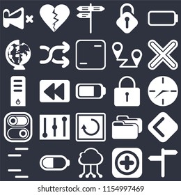 Set Of 25 icons such as, Add, Cloud computing, Battery, Lines, Multiply, Locked, Restart, Switch, Worldwide, Street, Dislike on black background, web UI editable icon pack