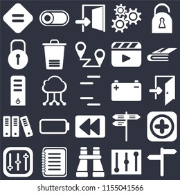 Set Of 25 icons such as, Controls, Binoculars, Note, Notebook, Battery, Rewind, Archive, Locked, Exit, Switch on black background, web UI editable icon pack