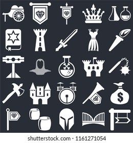 Set Of 25 icons such as, Bridge, Helmet, Beer, Standard, Torch, Castle, Drum, Axe, Spellbook, Banner, Standard on black background, web UI editable icon pack